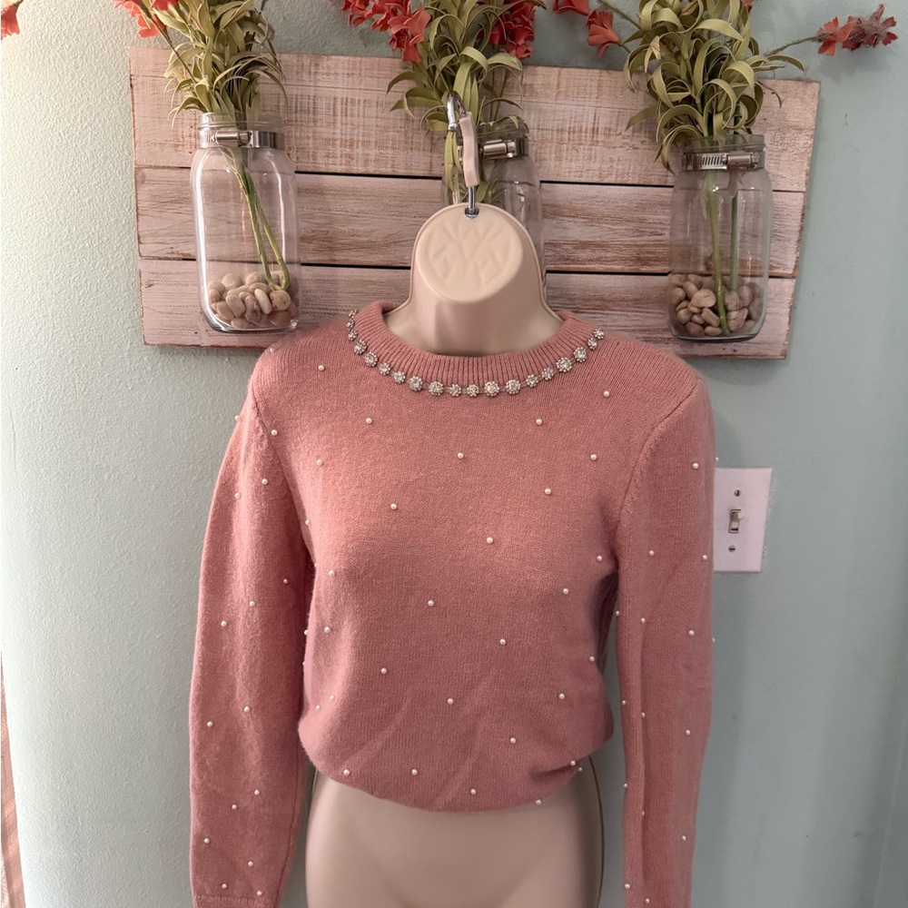 Elegant Pink Sweater with Pearl/Rhinestone Accents
